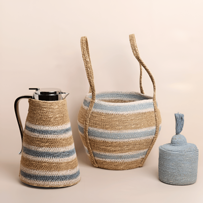 مجموعة سلال يدوية مخططة - برتقالي / أسود