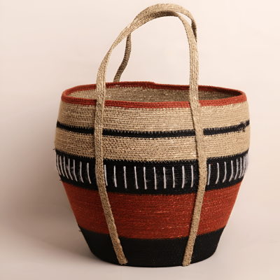 سلة يدوية مخططة - برتقالي / أسود (كبيرة)