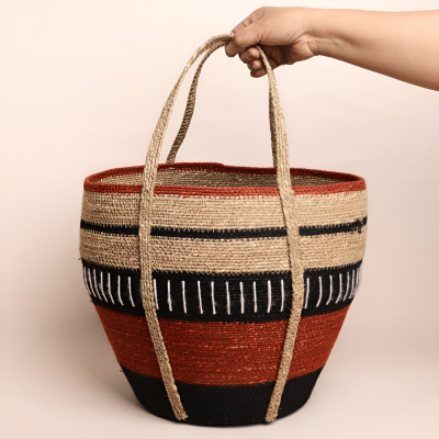 سلة يدوية مخططة - برتقالي / أسود (كبيرة)