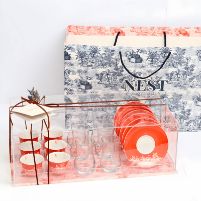 طقم استكانات شاي و فناجين قهوة عربية مع بوكس اكريليك - برتقالي