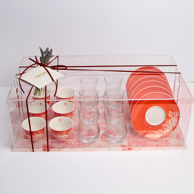 طقم استكانات شاي و فناجين قهوة عربية مع بوكس اكريليك - برتقالي