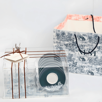 طقم استكانات شاي مع بوكس اكريليك - أزرق