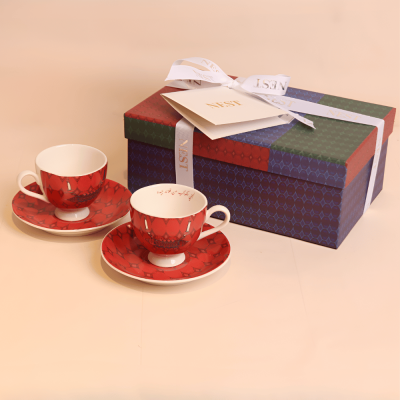 فنجان قهوة تركي بنقشة القلادة اللون الأحمر - قطعتين