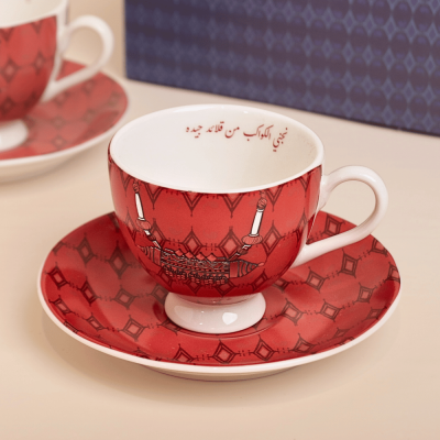 فنجان قهوة تركي بنقشة القلادة اللون الأحمر - قطعتين
