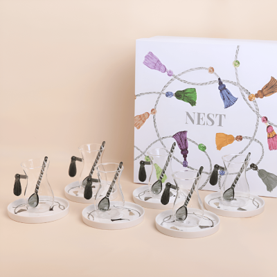 Set of Istikana glass with grey tassel design handle with Saucer & spoon ,6 pcs