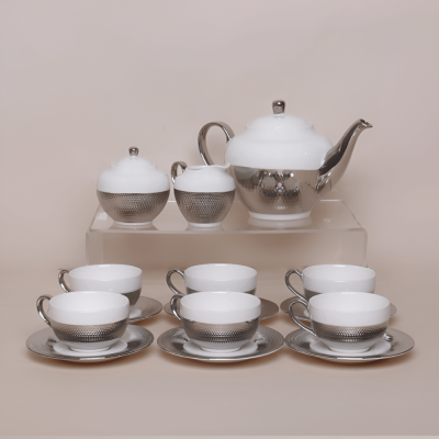 طقم شاي بورسلان فضي - 9 قطع