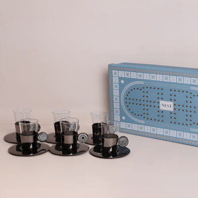 طقم استكانات بمقبض سيراميك مخطط - أسود، 6 قطع