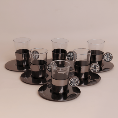 طقم استكانات بمقبض سيراميك مخطط - أسود، 6 قطع