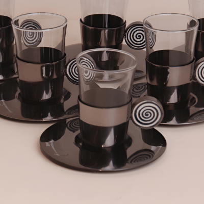 Set of Istikana With Ribbed design ceramic handle - Black , 6 pcs