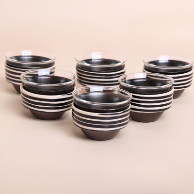 طقم فناجين بمسكة سيراميك مخططة - أسود، 6 قطع