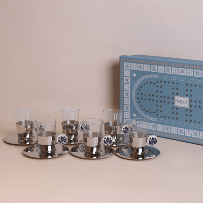 طقم استكانات بمقبض سيراميك  بتصميم ورد - كحلي، 6 قطع