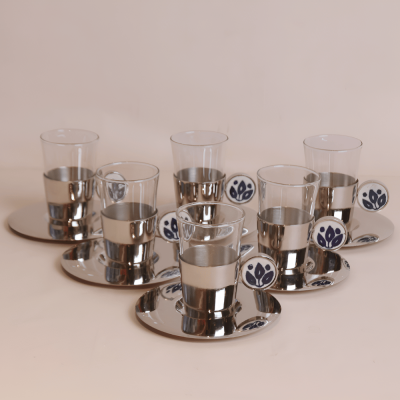 طقم استكانات بمقبض سيراميك  بتصميم ورد - كحلي، 6 قطع