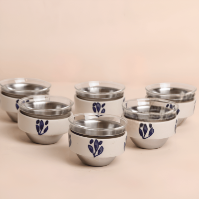 طقم فناجين بمسكة سيراميك بتصميم ورد - كحلي، 6 قطع