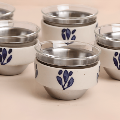 طقم فناجين بمسكة سيراميك بتصميم ورد - كحلي، 6 قطع