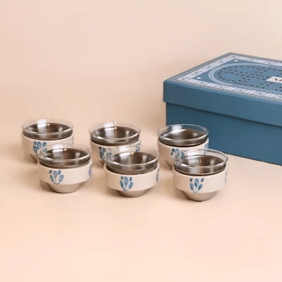 Set of Finjan With lightblue flower design sleeve  - silver , 6 pcs