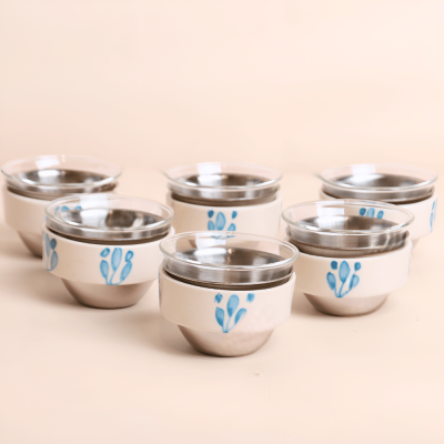 طقم فناجين بمسكة سيراميك بتصميم ورد - سماوي، 6 قطع