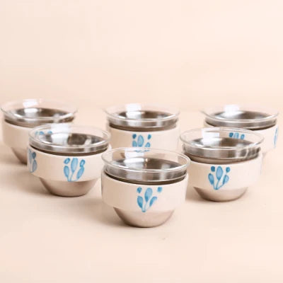Set of Finjan With lightblue flower design sleeve  - silver , 6 pcs