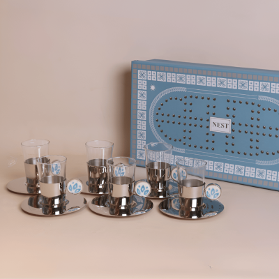 طقم استكانات بمقبض سيراميك  بتصميم ورد - سماوي، 6 قطع