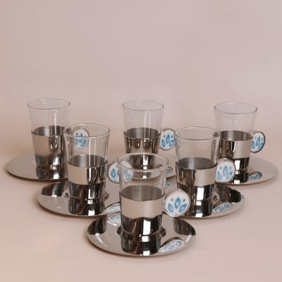 طقم استكانات بمقبض سيراميك  بتصميم ورد - سماوي، 6 قطع