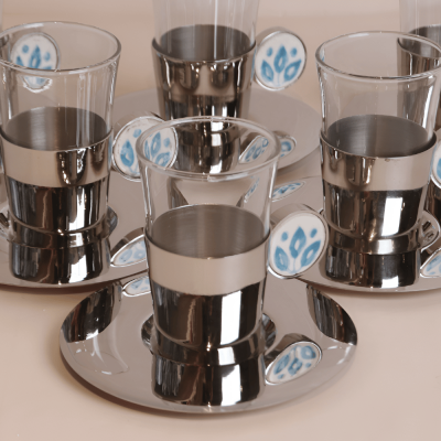 طقم استكانات بمقبض سيراميك  بتصميم ورد - سماوي، 6 قطع