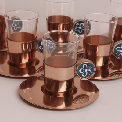 Set of istikana with flower design ceramic  handle ,  Rose Gold - 6 pcs