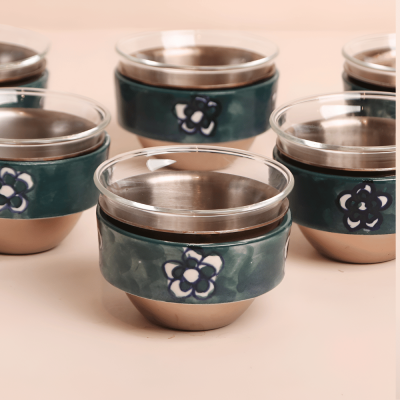 Set of Finjan with flower design Sleeve ,  Rose Gold - 6 pcs