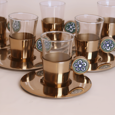 طقم استكانات بمقبض سيراميك  بتصميم ورد - ذهبي، 6 قطع