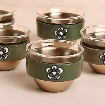 طقم فناجين بمسكة سيراميك بتصميم ورد - ذهبي، 6 قطع