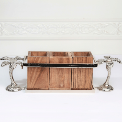 حامل أدوات مائدة خشبي بمقبض على شكل نخلة - فضي