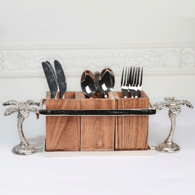 حامل أدوات مائدة خشبي بمقبض على شكل نخلة - فضي