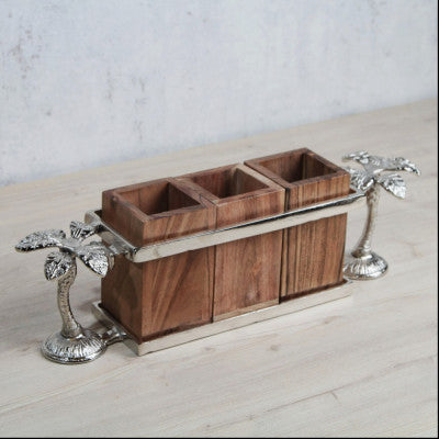 حامل أدوات مائدة خشبي بمقبض على شكل نخلة - فضي