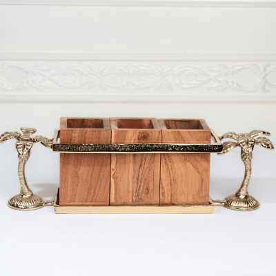 حامل أدوات مائدة خشبي بمقبض على شكل نخلة - ذهبي