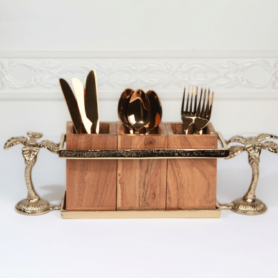 حامل أدوات مائدة خشبي بمقبض على شكل نخلة - ذهبي