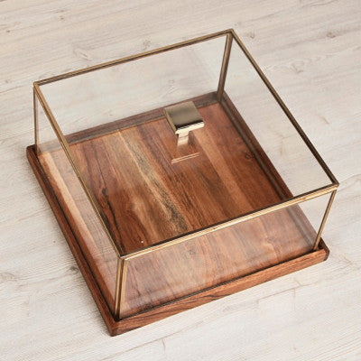 طبق تقديم  من الخشب مع غطاء باللون الذهبي - كبير