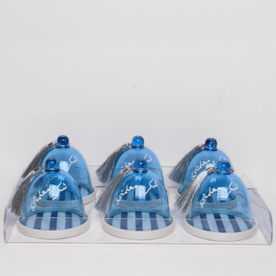 طقم صحون كيك مخطط مع غطاءازرق - ٦ حبات