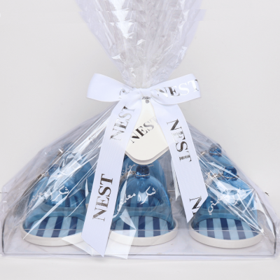 طقم صحون كيك مخطط مع غطاءازرق - ٦ حبات