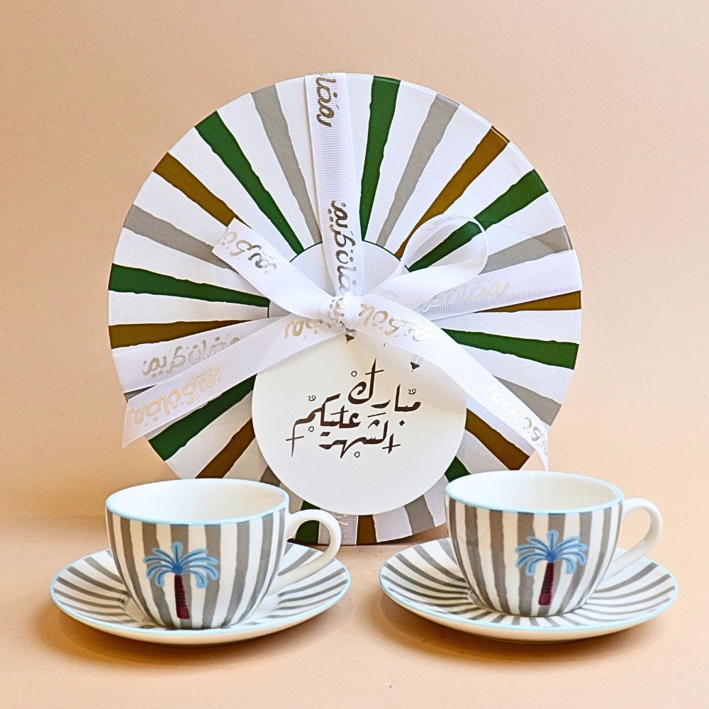 فنجان تركي مخطط مع صحن – أخضر (قطعتان)