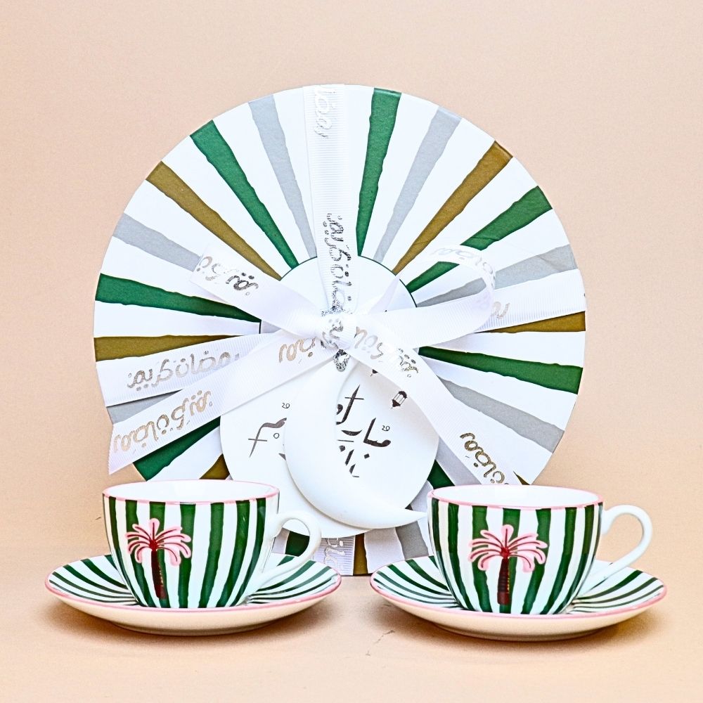 فنجان تركي مخطط مع صحن – أخضر (قطعتان)