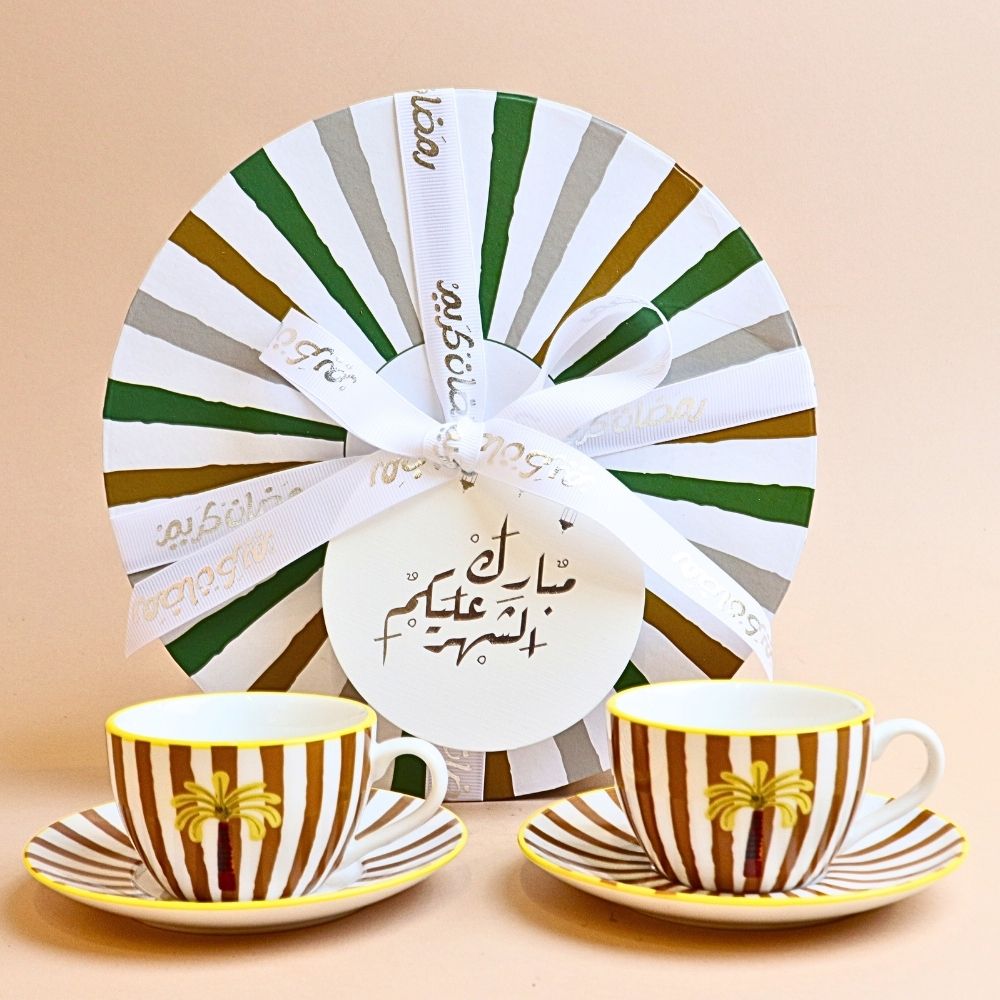 فنجان تركي مخطط مع صحن – أصفر خردلي (قطعتان)