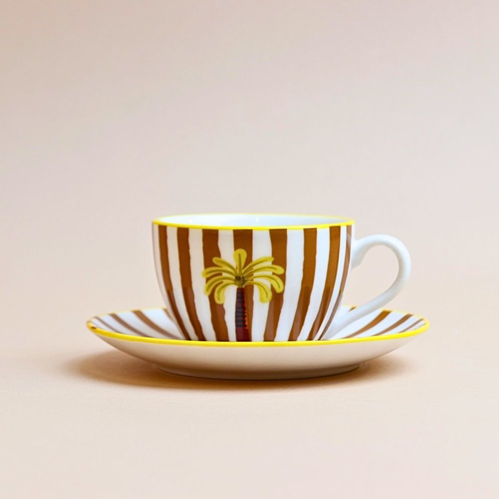 فنجان تركي مخطط مع صحن – أصفر خردلي (قطعتان)