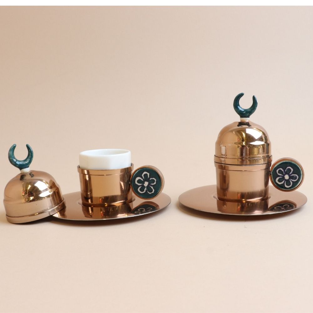 Turkish cup & saucer with lid handle half Moon - Rose Gold , 2 pcs