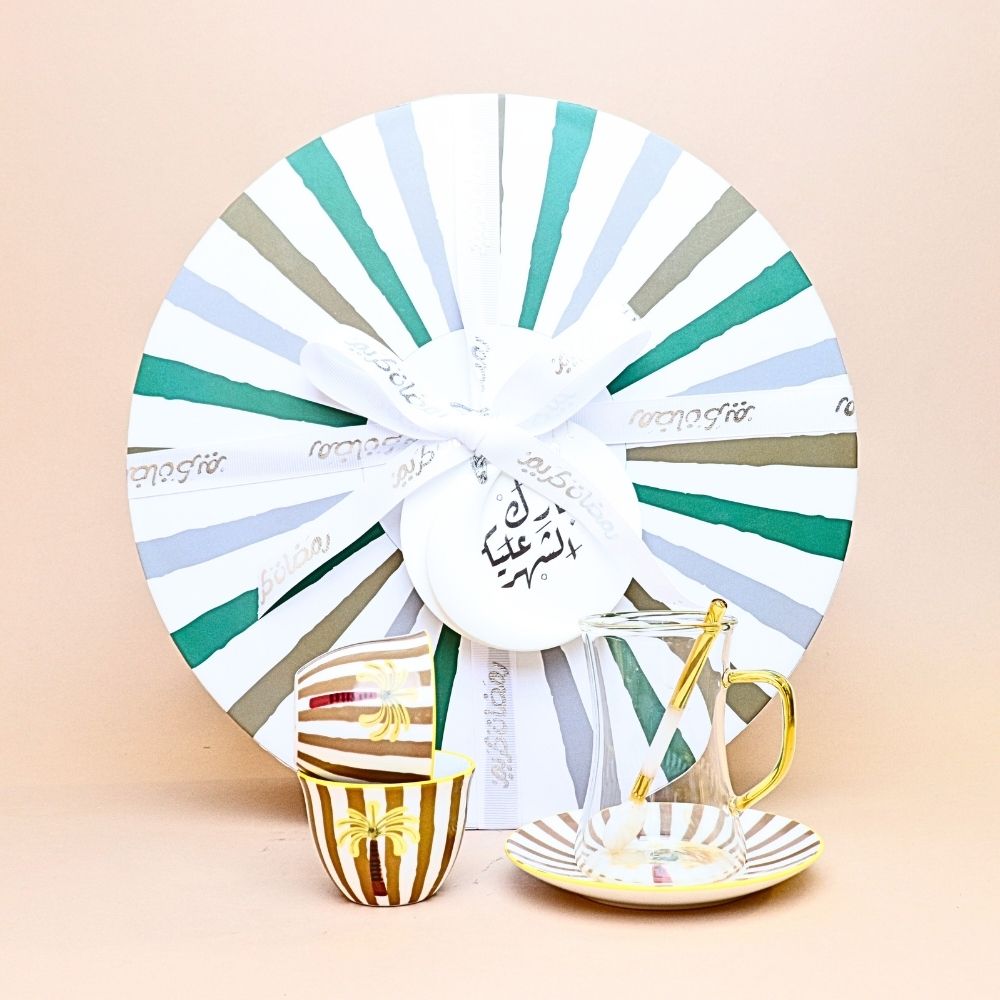 طقم استكانة وفناجين مخططة مع صحن وملعقة – 24 قطعة ( أصفر خردلي)