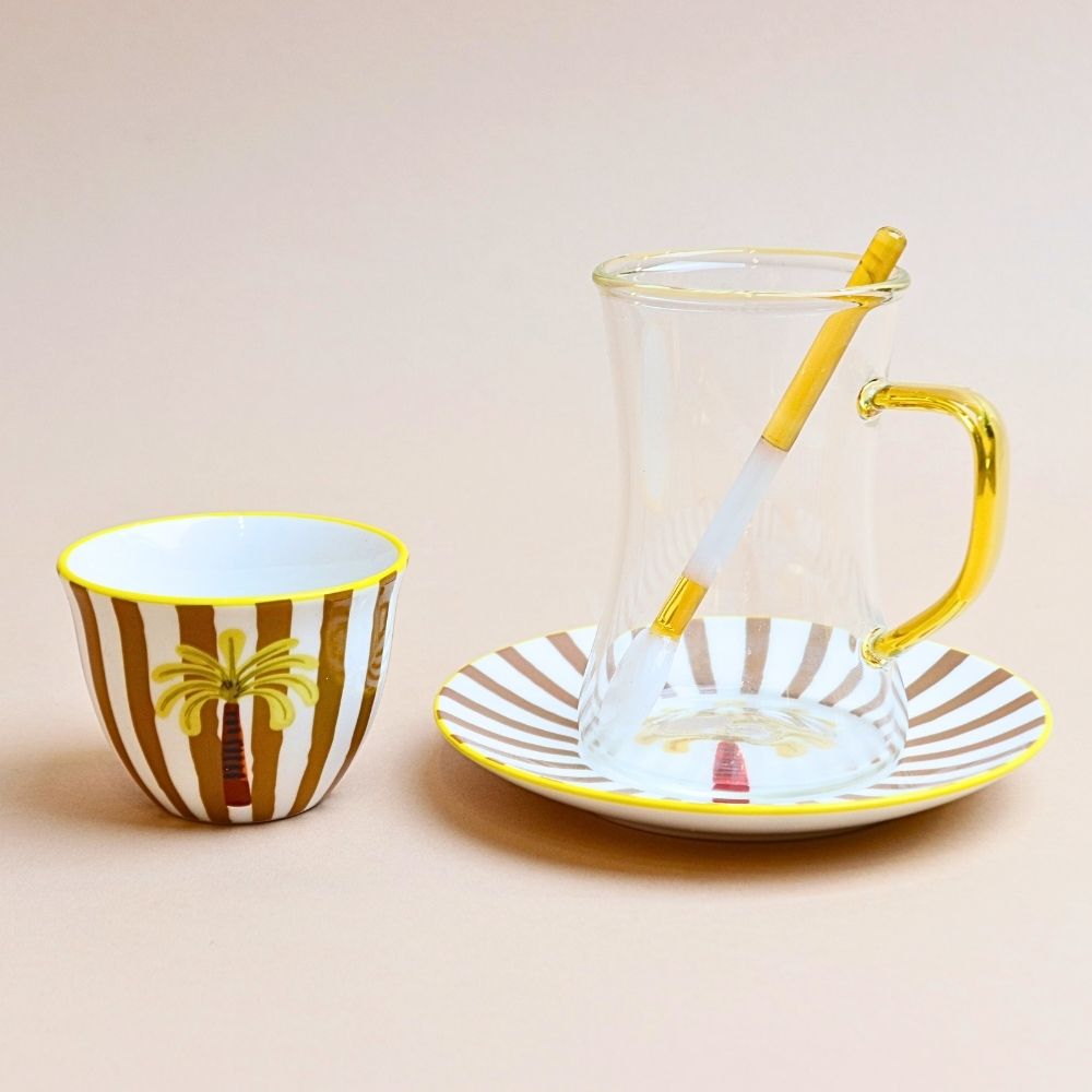 طقم استكانة وفناجين مخططة مع صحن وملعقة – 24 قطعة ( أصفر خردلي)