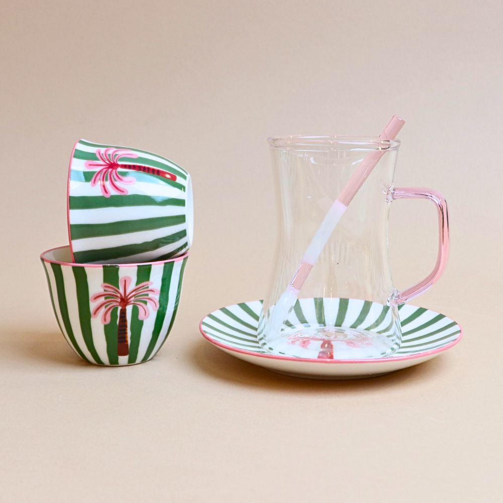 طقم استكانة وفناجين مخططة مع صحن وملعقة – 24 قطعة ( أخضر)