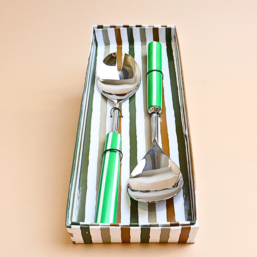 ملعقة تقديم سلطة مخططة – قطعتين (أخضر)