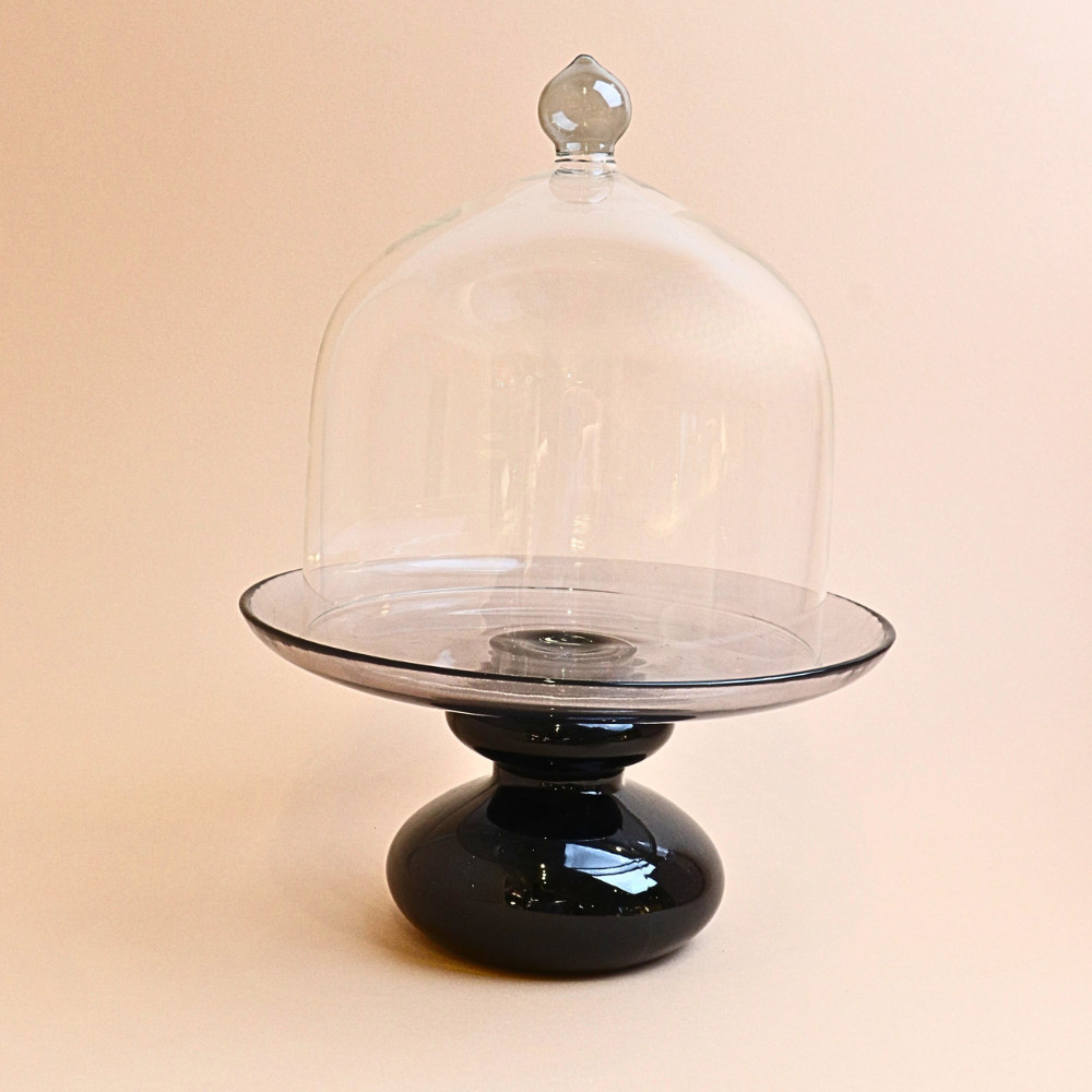 وعاء تقديم زجاجي بغطاء - رمادي