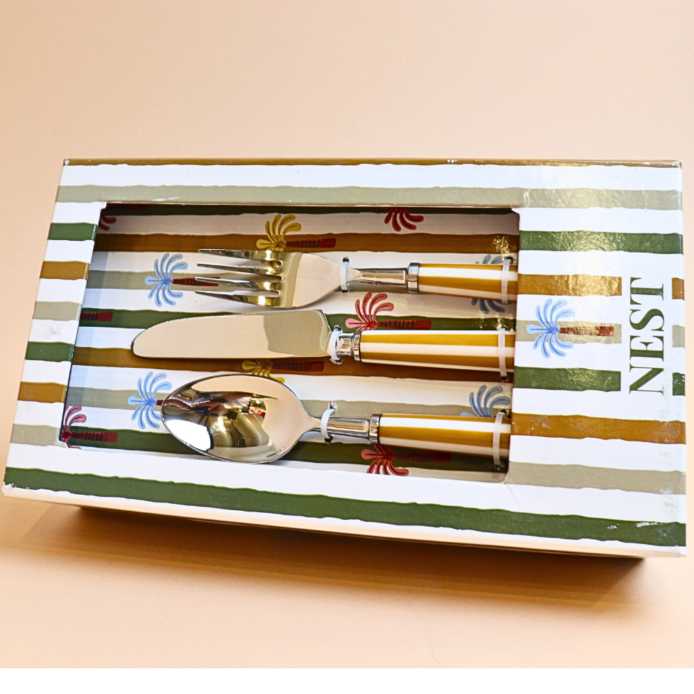 طقم أدوات مائدة مخطط (الخردل الأصفر) – 18 قطعة