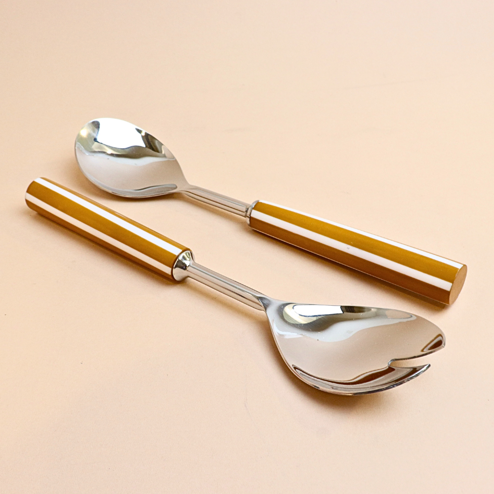 ملعقة تقديم سلطة مخططة – قطعتين (أصفر خردلي)