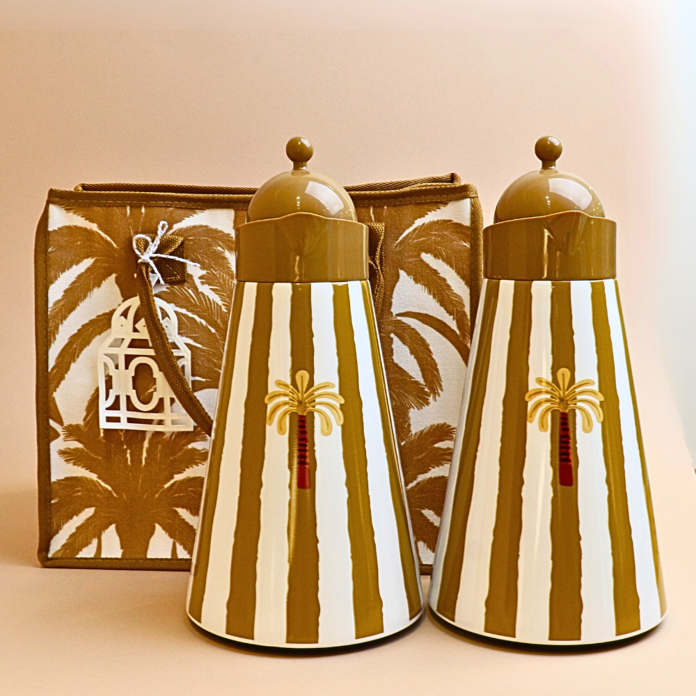 طقم هدايا ترمس مخطط - أصفر خردلي