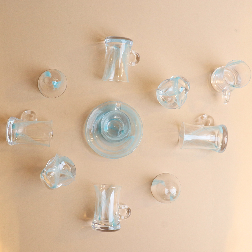 Wavy Glass Istikana with Saucer & Finjan Set (Teal Blue ) - 18  pcs